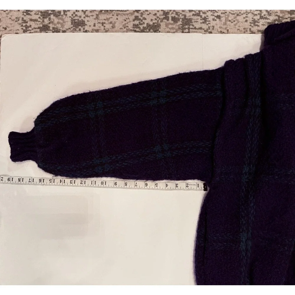 Branigan Weavers Wool Sweater M Green Blue Plaid Full Zip Ireland Vintage Knit